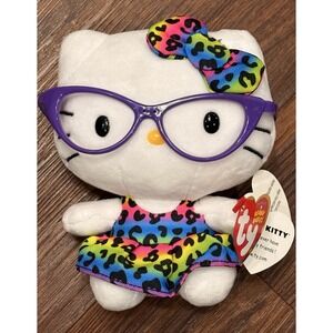 Hello Kitty 6 inch Fashionista Plush Glasses Leopard Rainbow Dress TY Beanie Bab